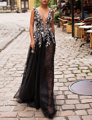 A Line Plunging Neck Floor Length Tulle Elegant Prom 