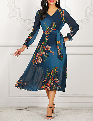 baratos Exclusivos-Mulheres Vintage Evasê Vestido - Estampado, Floral Decote V Médio