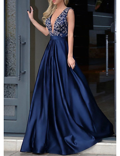 A Line Plunging Neck Floor Length Stretch Satin Elegant 