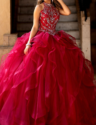 A Line Jewel Neck Floor Length Tulle Elegant Prom Formal 