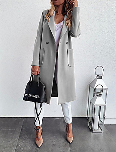 baratos Roupa de Exterior Feminina-Mulheres Diário Outono &amp; inverno Longo Casaco, Sólido Lapela Chanfrada Manga Longa Poliéster Preto / Cinzento / Khaki