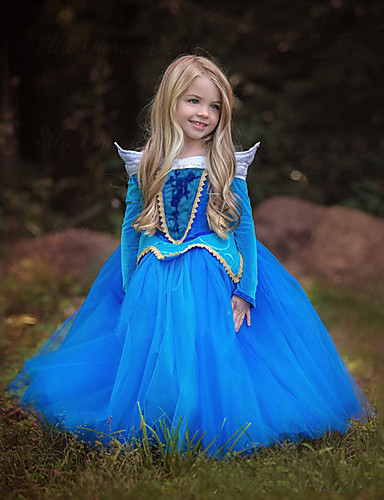 baratos Fantasias de Filme e Tema de TV-Cinderella Aurora Vestidos Vestido da menina de flor Crianças Para Meninas Slip Linha-A Natal Dia Das Bruxas Baile de Máscaras Festival / Celebração Poliéster Azul / Rosa claro Trajes de Carnaval