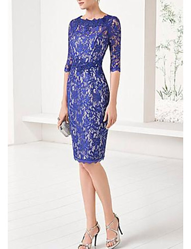 Sheath   Column Jewel Neck Knee Length Chiffon   Lace Half Sleeve See 