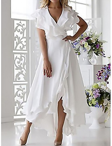 baratos Festas e Ocasiões-Mulheres Tamanhos Grandes Feriado Praia Sensual Borboleta Evasê Vestido - Frufru Enrole Multi Camadas, Sólido Decote em V Profundo Assimétrico