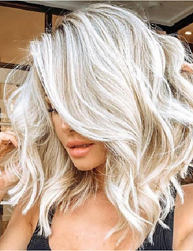 baratos Perucas Sintéticas-Perucas sintéticas Kinky Liso Corte Assimétrico Peruca Loiro Comprimento Médio Loiro Cabelo Sintético 15 polegada Mulheres Melhor qualidade Loiro