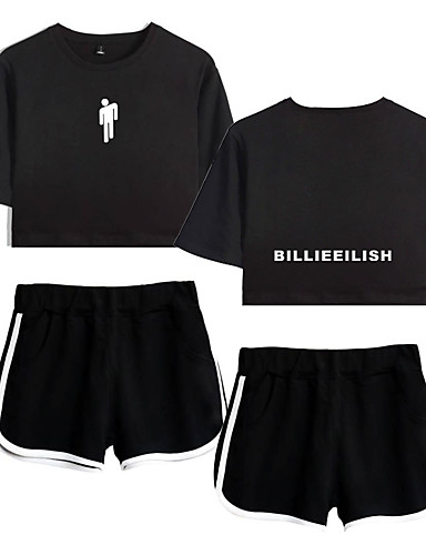 baratos Cosplay Para o Dia a Dia-Inspirado por Fantasias Billie Eilish Calças Fantasias de Cosplay Algodão puro Estampado 2 Peças Calções Para Mulheres / Camiseta / Camiseta