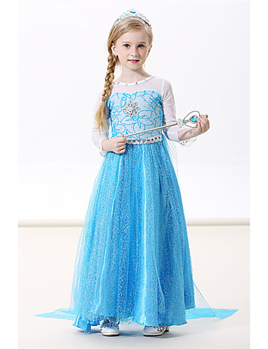 baratos Fantasias de Filme e Tema de TV-Princesa Elsa Vestidos Fantasias de Cosplay Baile de Máscara Para Meninas Cosplay de Filmes Slip Linha-A Fantasias Dia Das Bruxas Verde / Azul / Azul (com acessórios) Vestido Dia Das Bruxas Carnaval