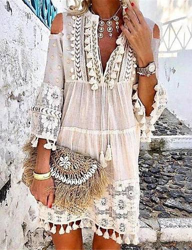 baratos Oferta-Mulheres Feriado Praia Casual Boho Reto Vestido - Renda Franjas, Sólido Decote em V Profundo Acima do Joelho