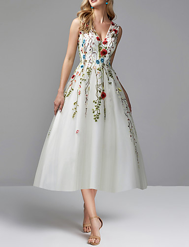 A-Line White Floral Party Wear Prom Dress V Neck Sleeveless Tea Length ...