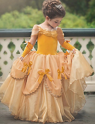 baratos Fantasias de Filme e Tema de TV-Princesa Belle Vintage Vestidos Luvas Festa a Fantasia Vestido da menina de flor Para Meninas Crianças Ocasiões Especiais Azul Céu / Amarelo / Lavanda Vintage Cosplay Sem Manga