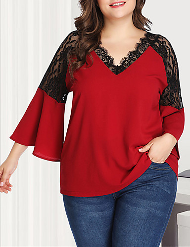 Blouse Plain Solid Colored Sexy Plus Size Blouses V Neck Daily Going out Lace Patchwork 3/4 Length Sleeve Tops Elegant Sexy Green Red 8011714 2022 – $16.18