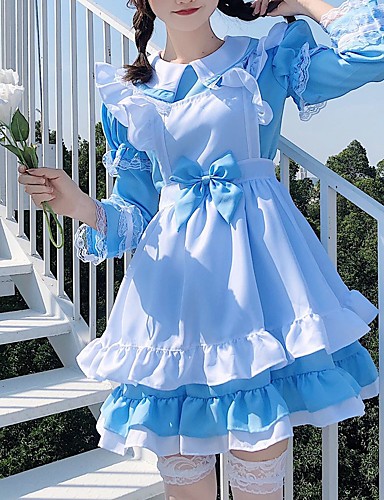 baratos Fantasias Estilo Lolita-Sweet Lolita Princesa Maid Uniforms Ternos de Empregadas Masculino Japanês Fantasias de Cosplay Preto / Rosa claro / Azul Sólido Preto e Branco Buffante Manga Longa Manga Curta Até os Joelhos