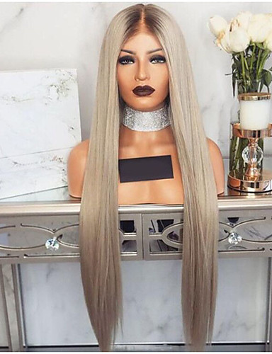 baratos Perucas Sintéticas-Perucas sintéticas Liso Corte Assimétrico Peruca Loiro Longo Loiro Cabelo Sintético 27 polegada Mulheres Melhor qualidade Cascata Loiro