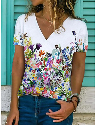 KIJBLAE Summer Shirts for Women Floral Print Tops Tummy Control Clothes for  Girls Pleat Flowy Tunic Blouses Short Sleeve Tees U-Neck T-shirt Black S
