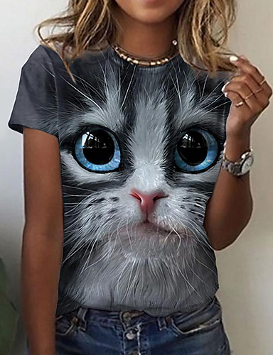 Women's 3D Cat T shirt Cat Graphic 3D Print Round Neck Basic Tops Gray ...