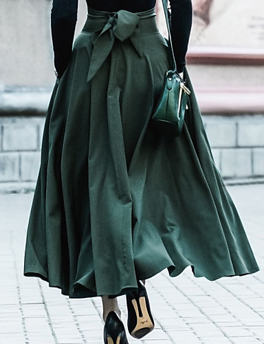 Women’s Elegant Vintage Swing Calf-Length Skirts Evening Party Weddiing Guest Solid Colored Formal Style High Waist Wine Army Green Black S M L