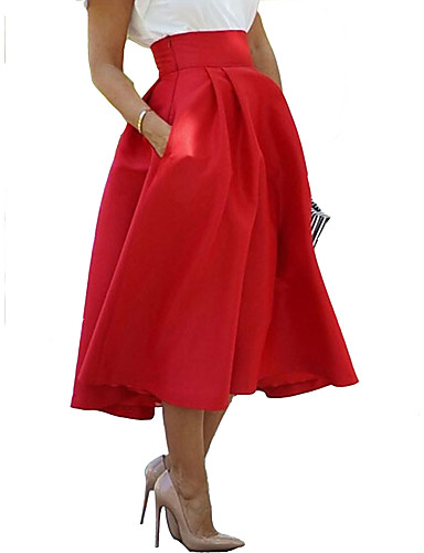 Women’s Chic & Modern Elegant Swing Knee Length Skirts Party / Evening Office / Career Solid Colored Pleated High Waist Black Red S M L
