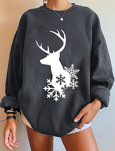 Womens Long Sleeve One Shoulder Christmas Elk Print Sweatshirt Pullover Jumper 