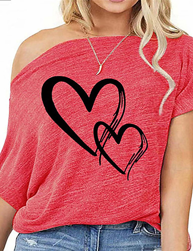 [$20.22] Women's Plus Size Tops Blouse T shirt Heart Button Print Short  Sleeve One Shoulder Streetwear Daily Going out Polyester Spring Summer  Black 