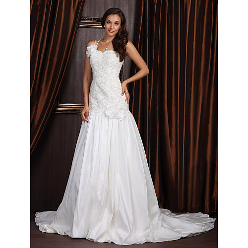

Princess A-Line Wedding Dresses One Shoulder Sweetheart Neckline Court Train Taffeta Sleeveless with 2021