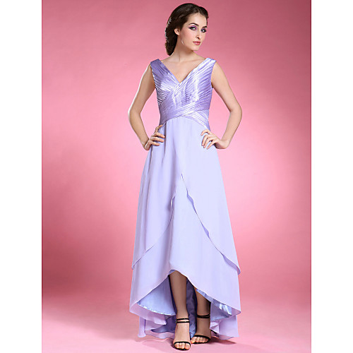 

A-Line Mother of the Bride Dress V Neck Asymmetrical Floor Length Chiffon Stretch Satin Sleeveless with Criss Cross Side Draping Split Front 2021