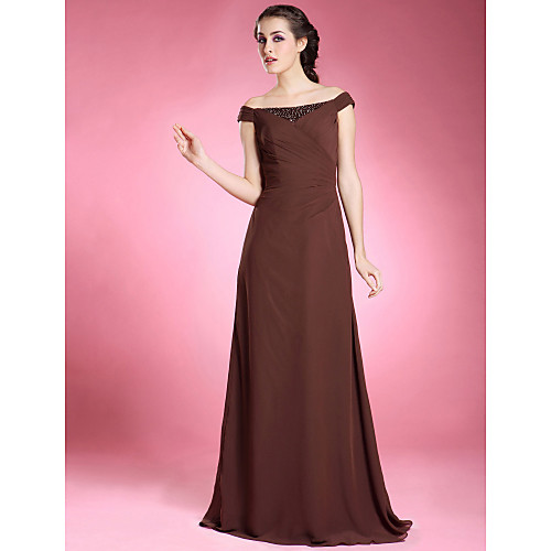 

A-Line Mother of the Bride Dress Off Shoulder Floor Length Chiffon Short Sleeve with Beading Side Draping 2021