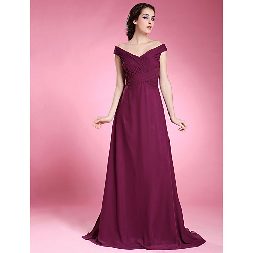 

A-Line Formal Evening Wedding Party Dress V Neck Off Shoulder Short Sleeve Floor Length Chiffon with Criss Cross Side Draping 2021