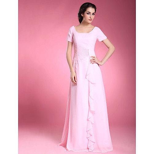

A-Line Mother of the Bride Dress Elegant Square Neck Floor Length Chiffon Short Sleeve with Beading 2021