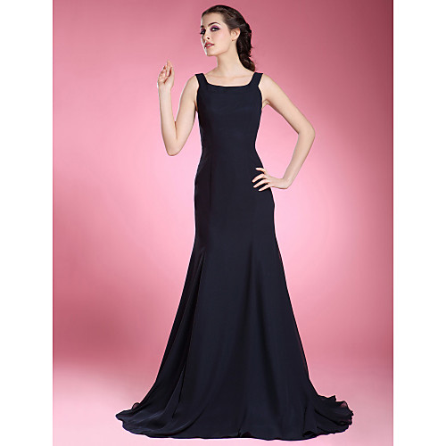 

Mermaid / Trumpet Mother of the Bride Dress Little Black Dress Scoop Neck Sweep / Brush Train Chiffon Sleeveless with Pleats 2021