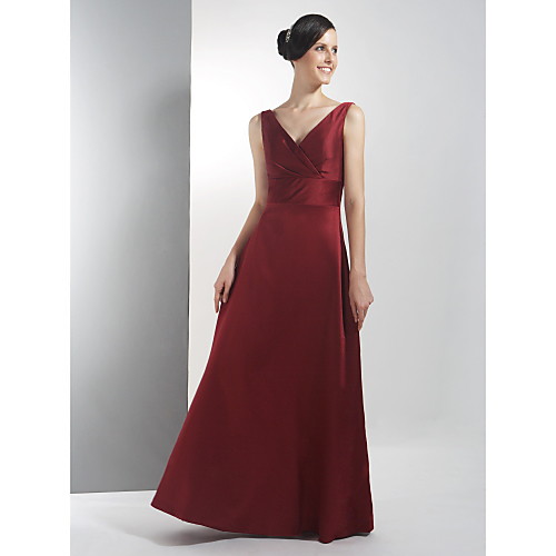 

A-Line V Neck Floor Length Satin Bridesmaid Dress with Criss Cross