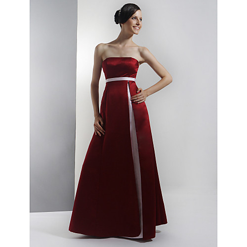 

A-Line Strapless Floor Length Satin Bridesmaid Dress with Sash / Ribbon / Split Front