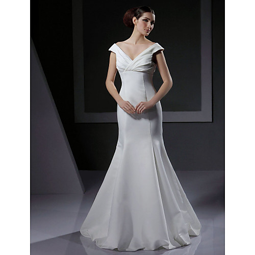 

Mermaid / Trumpet Wedding Dresses V Neck Floor Length Satin Short Sleeve with Criss-Cross 2021