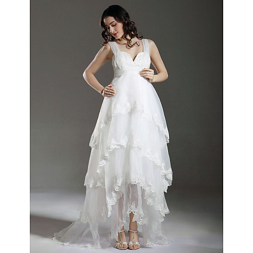 

A-Line Wedding Dresses Straps Sweetheart Neckline Sweep / Brush Train Asymmetrical Organza Sleeveless with 2021