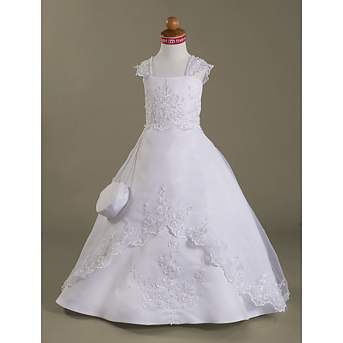 

A-Line Floor Length Wedding / First Communion Flower Girl Dresses - Organza / Satin Sleeveless Square Neck with Beading / Spring / Summer / Fall / Winter