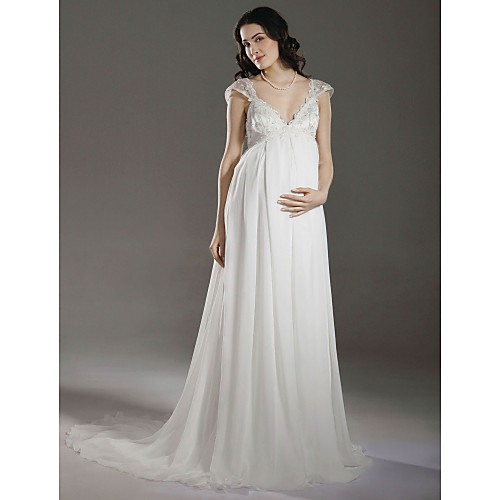 

Sheath / Column Wedding Dresses V Neck Court Train Chiffon Short Sleeve with 2021