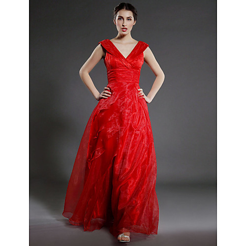 

A-Line Mother of the Bride Dress Open Back V Neck Floor Length Organza Sleeveless with Ruched Ruffles Cascading Ruffles 2021