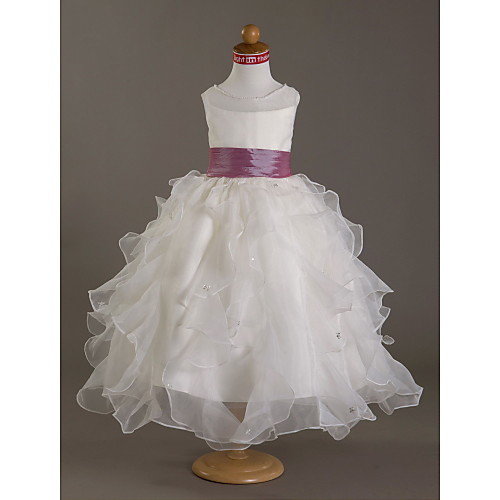 

Ball Gown Floor Length First Communion / Wedding Party Satin Sleeveless Scoop Neck with Beading