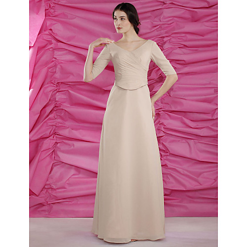 

A-Line Mother of the Bride Dress V Neck Floor Length Chiffon Half Sleeve with Beading Side Draping 2021