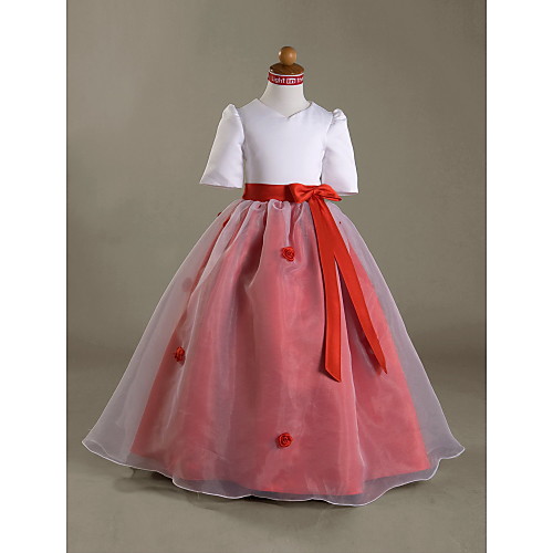 

Ball Gown Floor Length Wedding Party Organza / Satin Short Sleeve V Neck with Sash / Ribbon / Bow(s) / Ruffles