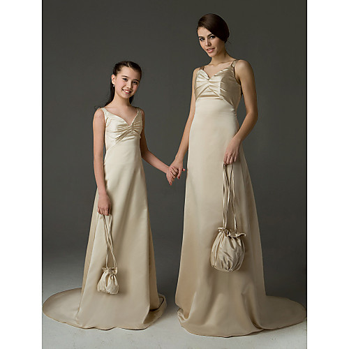 

Princess / A-Line Straps / V Neck Sweep / Brush Train Satin Junior Bridesmaid Dress with Ruched