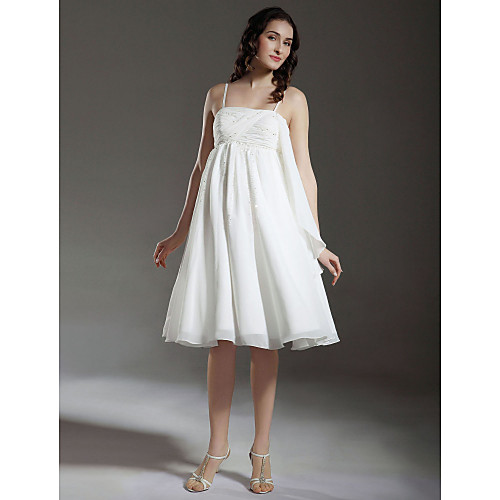 

Princess A-Line Wedding Dresses Spaghetti Strap Knee Length Chiffon Sleeveless Little White Dress with 2021