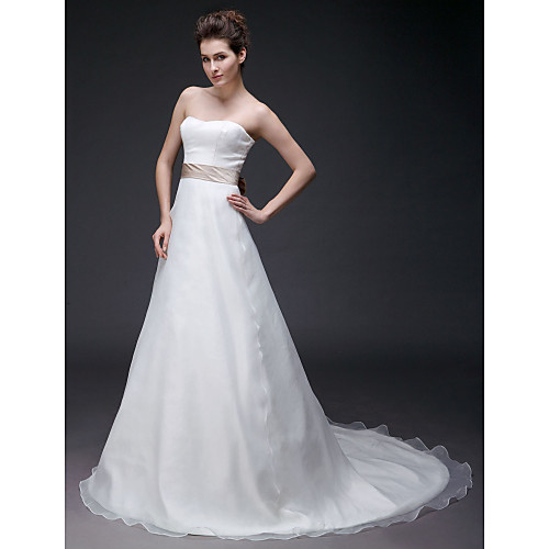 

Princess A-Line Wedding Dresses Sweetheart Neckline Strapless Court Train Organza Satin Sleeveless with 2021