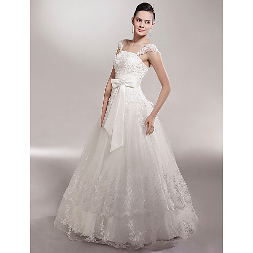 

Princess A-Line Wedding Dresses Straps Off Shoulder Floor Length Satin Tulle Short Sleeve with 2021