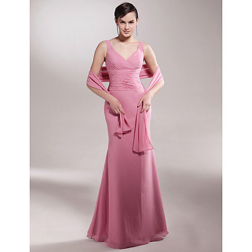 

Mermaid / Trumpet Mother of the Bride Dress V Neck Floor Length Chiffon Sleeveless with Criss Cross Ruched Beading 2021