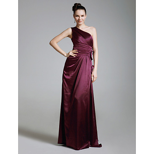 

Sheath / Column One Shoulder Floor Length Charmeuse Bridesmaid Dress with Ruched / Beading