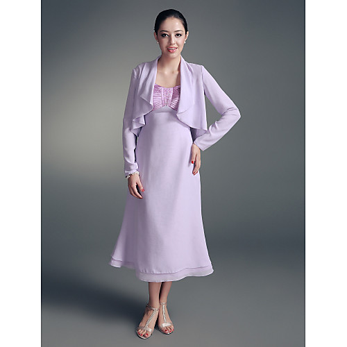 

A-Line Mother of the Bride Dress Wrap Included Straps Sweetheart Neckline Tea Length Chiffon Stretch Satin Long Sleeve with Beading Side Draping 2021