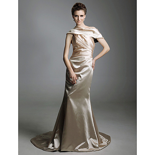 

Mermaid / Trumpet All Celebrity Styles Formal Evening Dress Off Shoulder Sleeveless Court Train Stretch Satin with Side Draping 2021