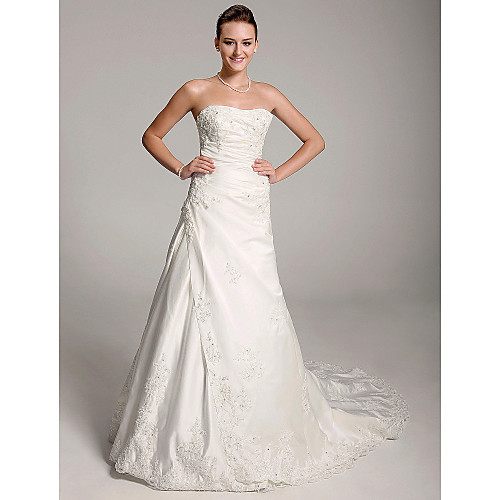 

Princess A-Line Wedding Dresses Sweetheart Neckline Strapless Court Train Satin Sleeveless with 2021