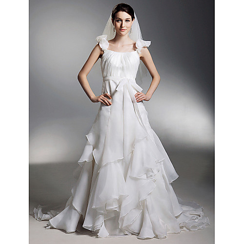 

Princess A-Line Wedding Dresses Off Shoulder Court Train Organza Short Sleeve with 2021