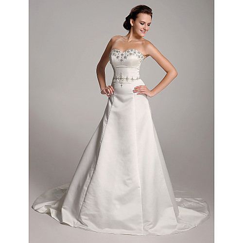 

Princess A-Line Wedding Dresses Sweetheart Neckline Strapless Court Train Satin Sleeveless with 2021